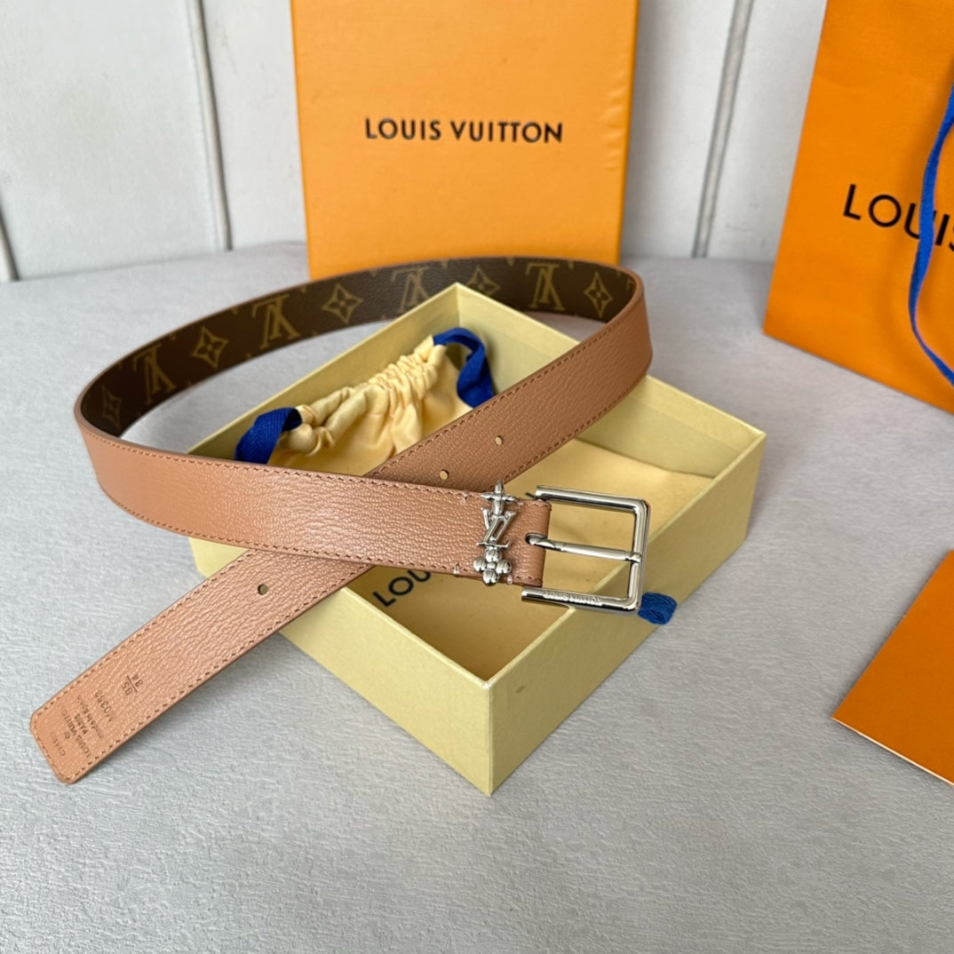 LV Bloom 30mm Belt Silver Buckle Beige Brown Leather
