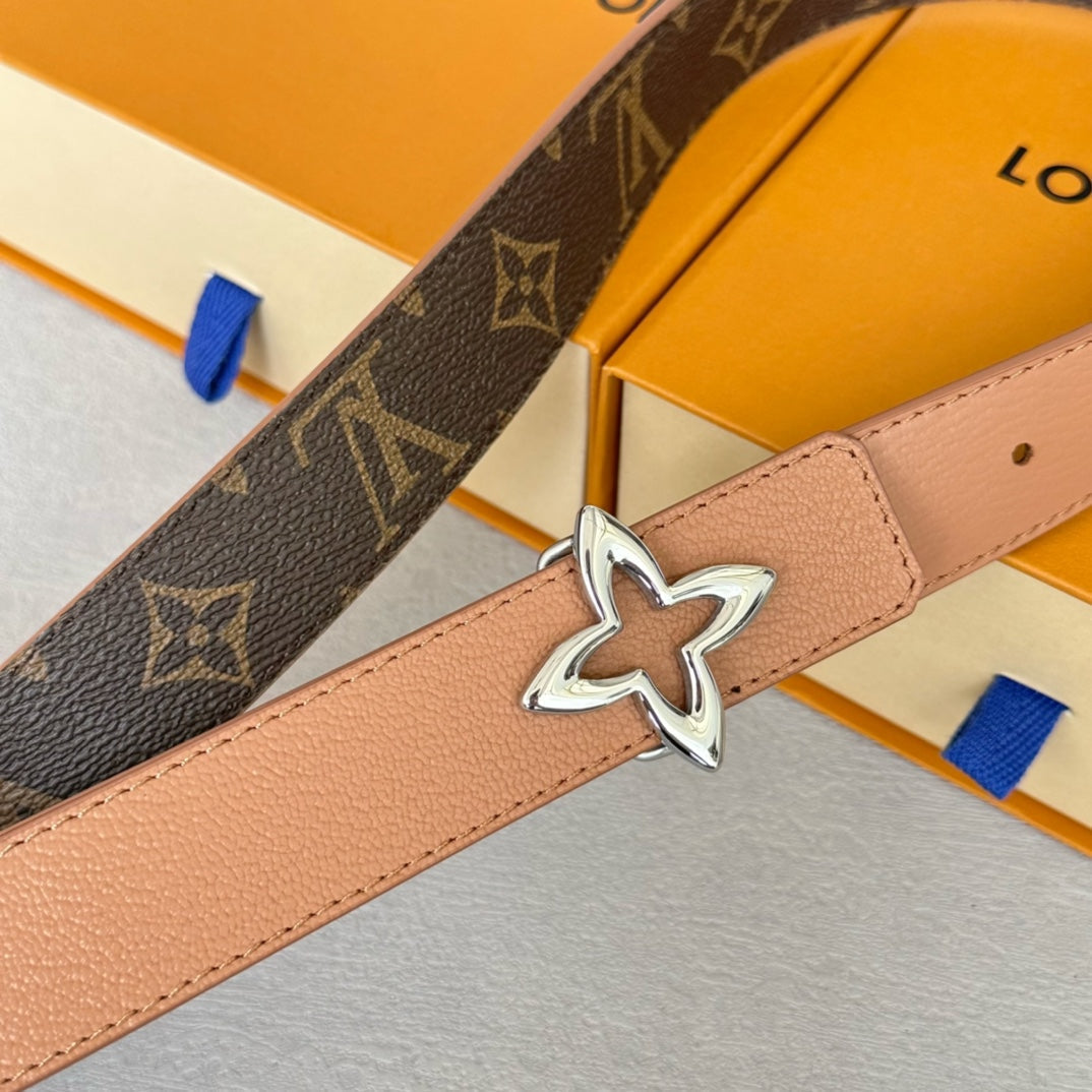LV Flowergram 30mm Reversible Belt Silver Buckle Beige Brown Leather