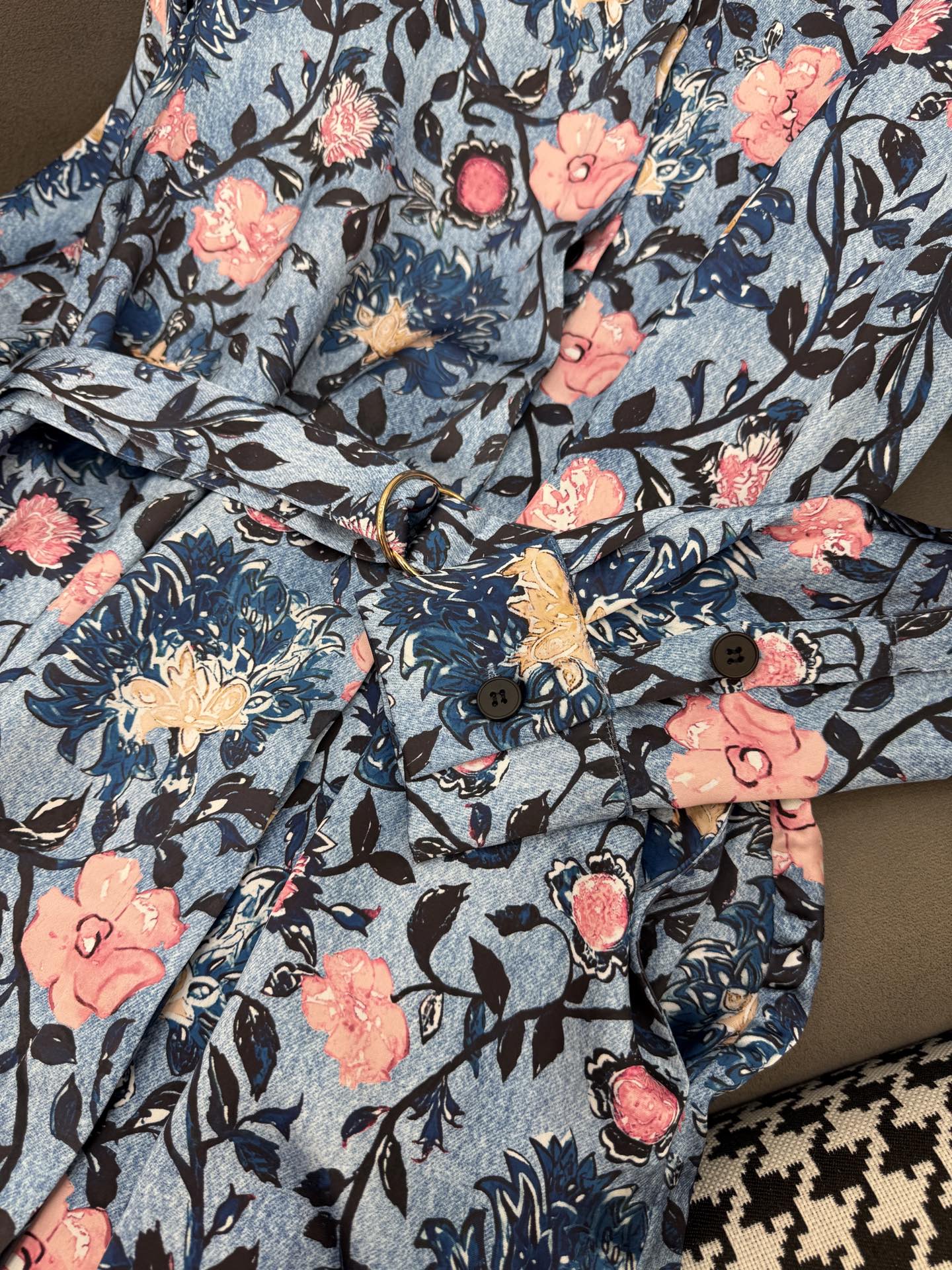 LV LONG-SLEEVE FLORAL PRINT SHIRT DRESS IN BLUE
