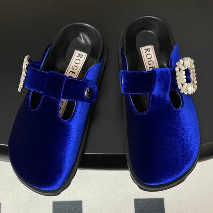 ROGER VIVIER 25S VIV' RANGERS MULES IN DARK BLUE VELVET EMBELLISHED CRYSTALS