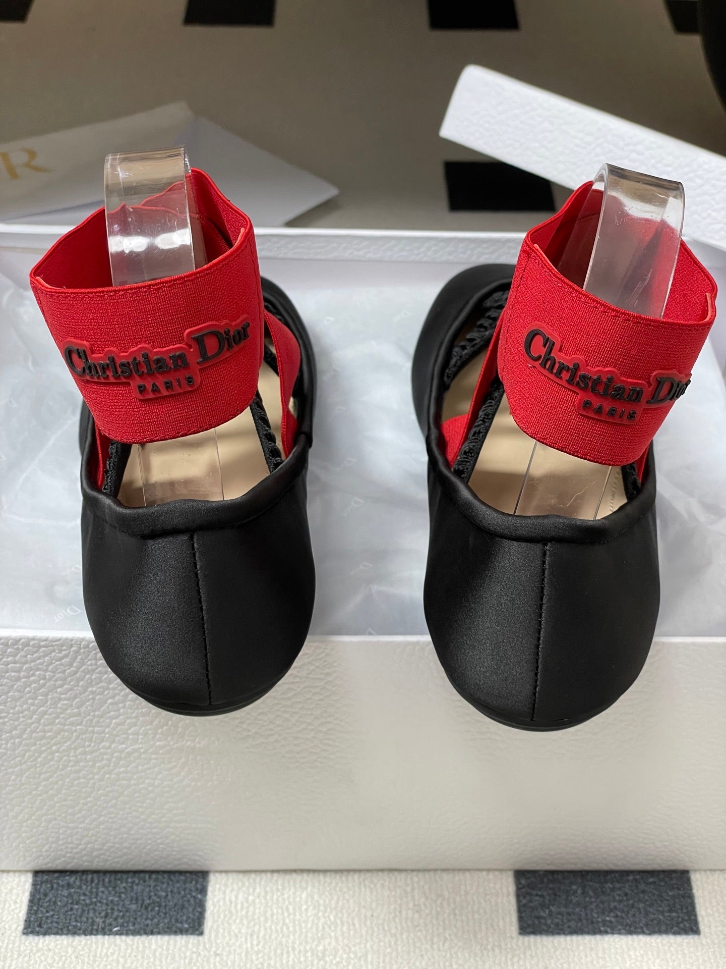 DIOR STRETCH BALLET FLATS 25S IN BLACK MIX RED FABRIC WITH CROSSED STRAPS