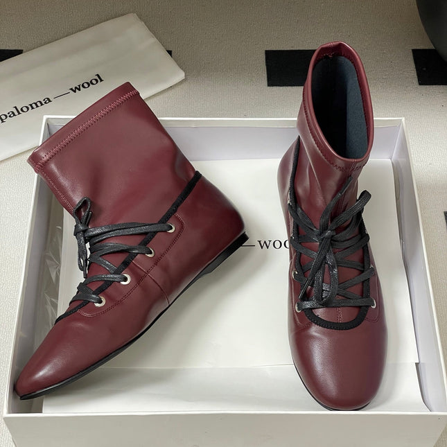 ALO 25S PALOMA WOOL FLAT ANKLE BOOTS IN DEEP RED LAMBSKIN