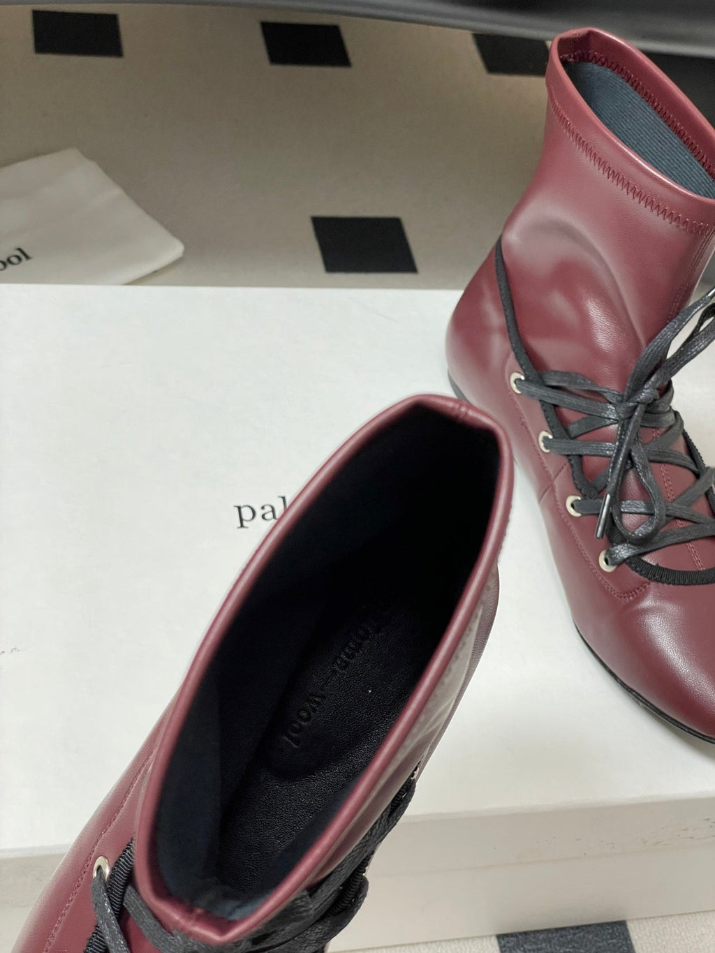 ALO 25S PALOMA WOOL FLAT ANKLE BOOTS IN DEEP RED LAMBSKIN