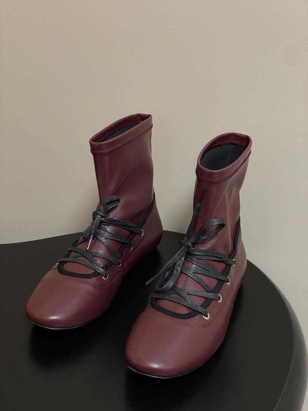 ALO 25S PALOMA WOOL FLAT ANKLE BOOTS IN DEEP RED LAMBSKIN