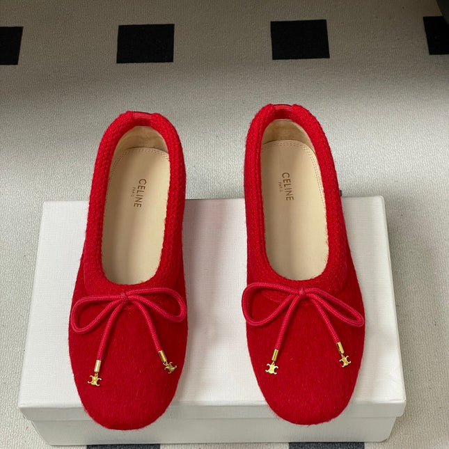 CELINE 26S BALLET FLATS IN RED WOOL WITH BOW