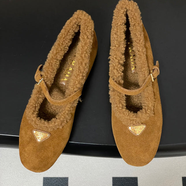 PRADA 25S MARY JANE FLATS IN DARK WALNUT BROWN SUEDE WITH GOLD HARDWARE