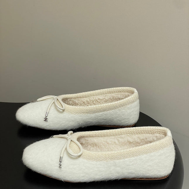 CELINE 26S BALLET FLATS IN WHITE WOOL WITH BOW STYLE 2
