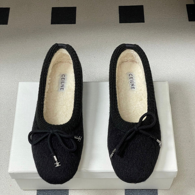 CELINE 26S BALLET FLATS IN BLACK WOOL WITH BOW STYLE 1