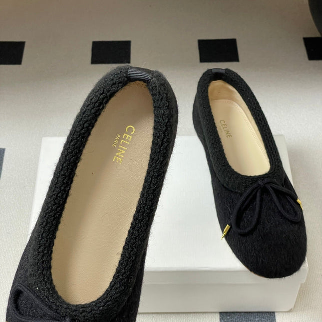 CELINE 26S BALLET FLATS IN BLACK WOOL WITH BOW