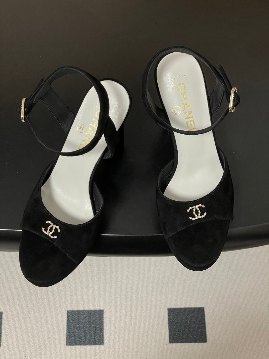 CHANEL 26S HIGH HEEL SANDALS 120 MM IN BLACK SUEDE