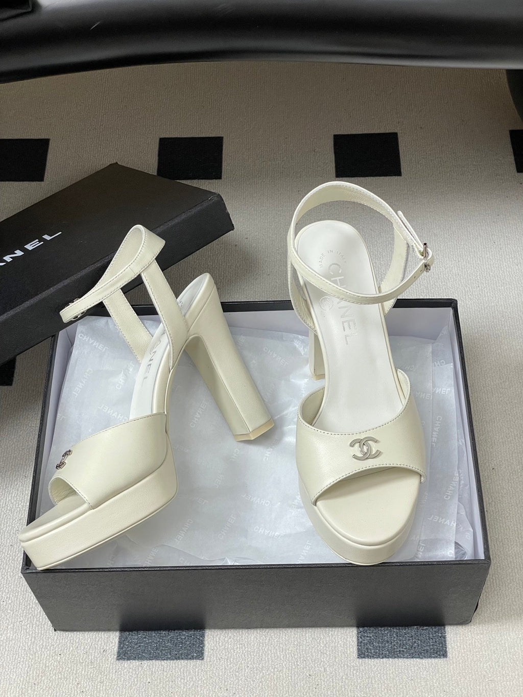 CHANEL 26S HIGH HEEL SANDALS 120 MM IN CREAM WHITE LAMBSKIN