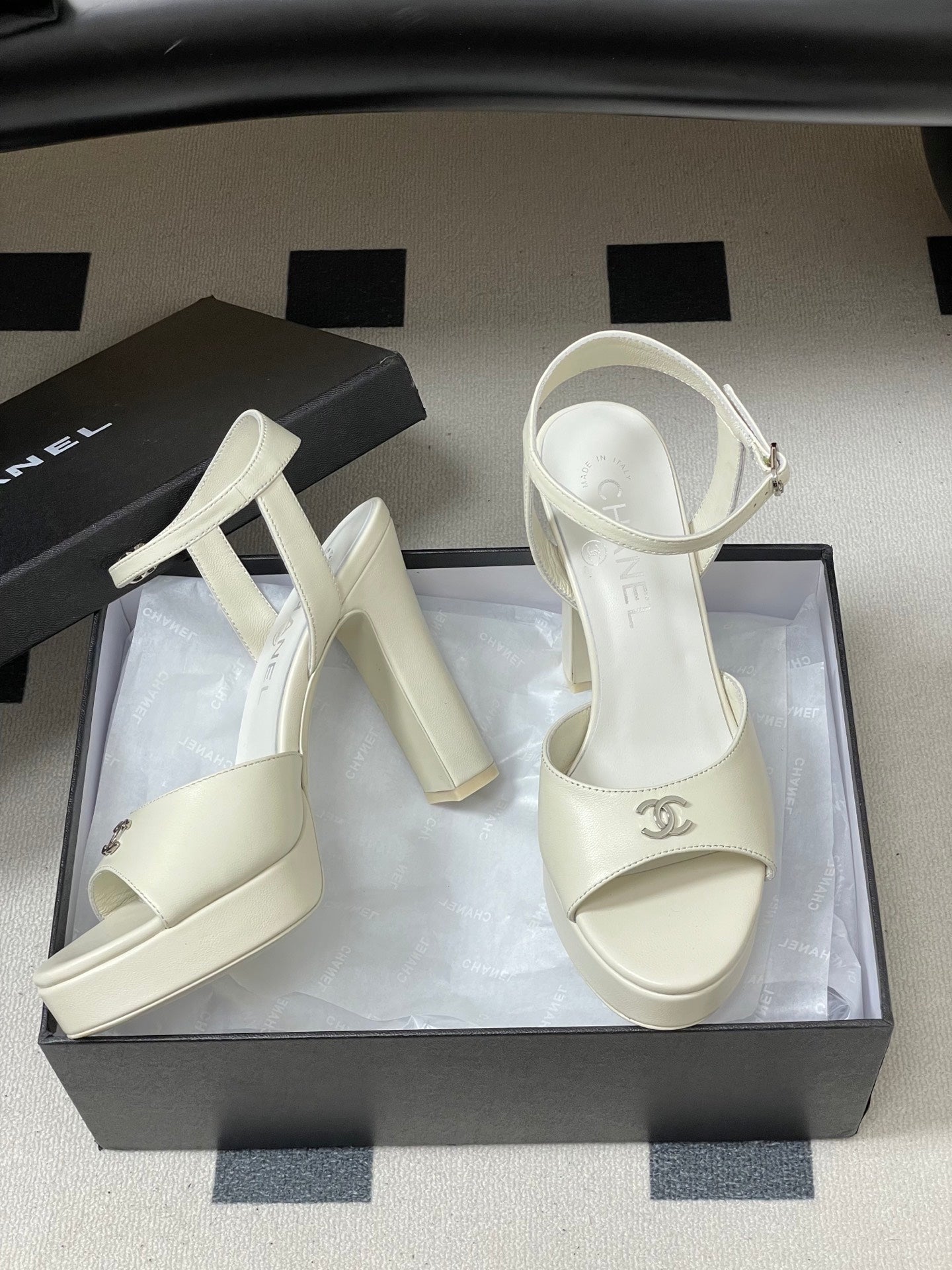 CHANEL 26S HIGH HEEL SANDALS 120 MM IN CREAM WHITE LAMBSKIN