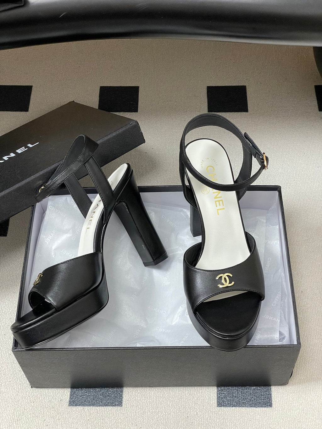 CHANEL 26S HIGH HEEL SANDALS 120 MM IN BLACK LAMBSKIN