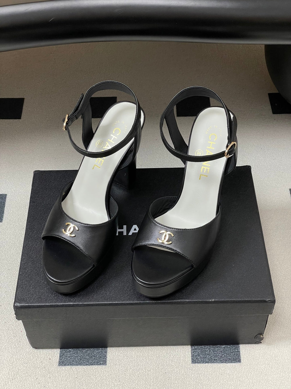 CHANEL 26S HIGH HEEL SANDALS 120 MM IN BLACK LAMBSKIN