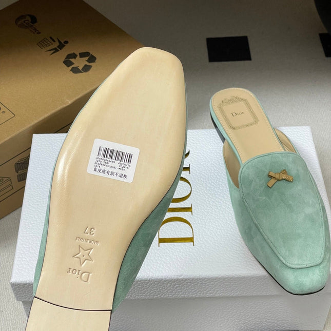 DIOR 26S MULES IN LIGHT MINT GREEN SUEDE WITH BOW