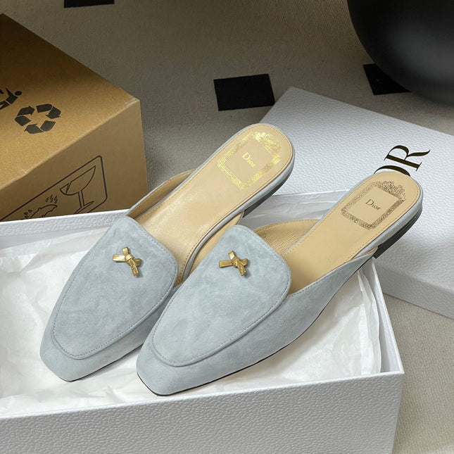 DIOR 26S MULES IN LIGHT BLUE GRAY SUEDE WITH BOW