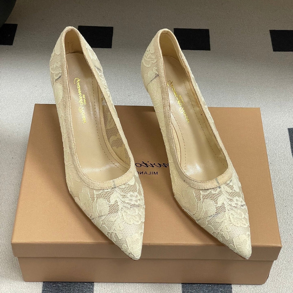 GIANVITO ROSSI 26S HIGH HEELS 85 MM IN CREAM WHITE LACE