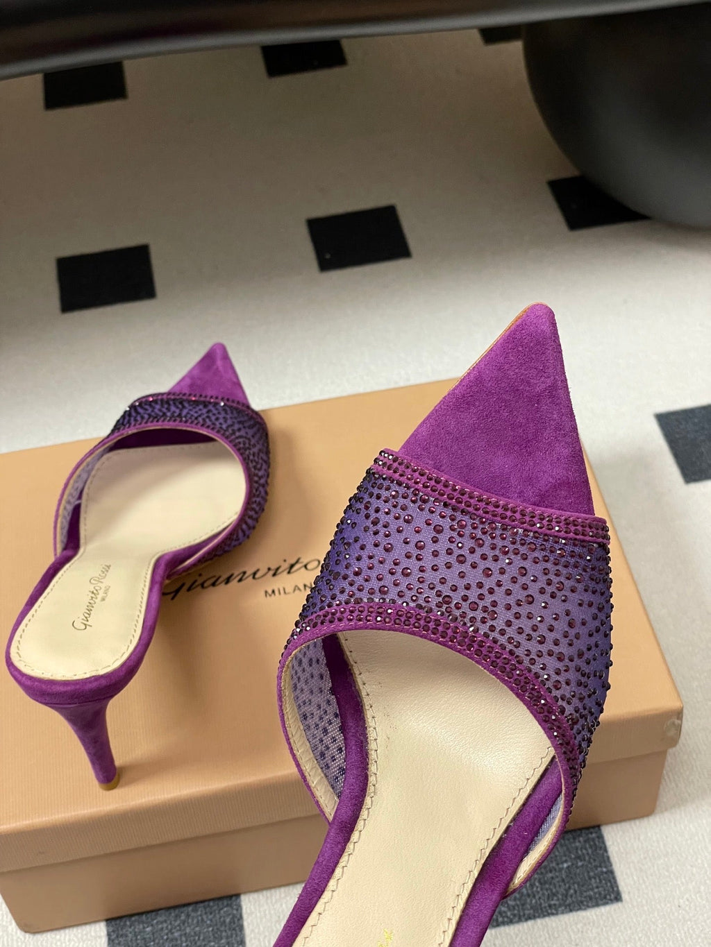GIANVITO ROSSI 26S HIGH HEELS 85 MM IN PURPLE SUEDE WITH RHINESTONE STRAP