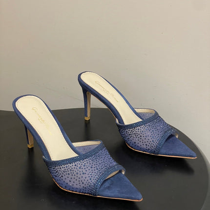 GIANVITO ROSSI 26S HIGH HEELS 85 MM IN NAVY BLUE SUEDE WITH RHINESTONE STRAP