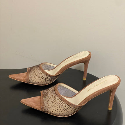 GIANVITO ROSSI 26S HIGH HEELS 85 MM IN BROWN SUEDE WITH RHINESTONE STRAP