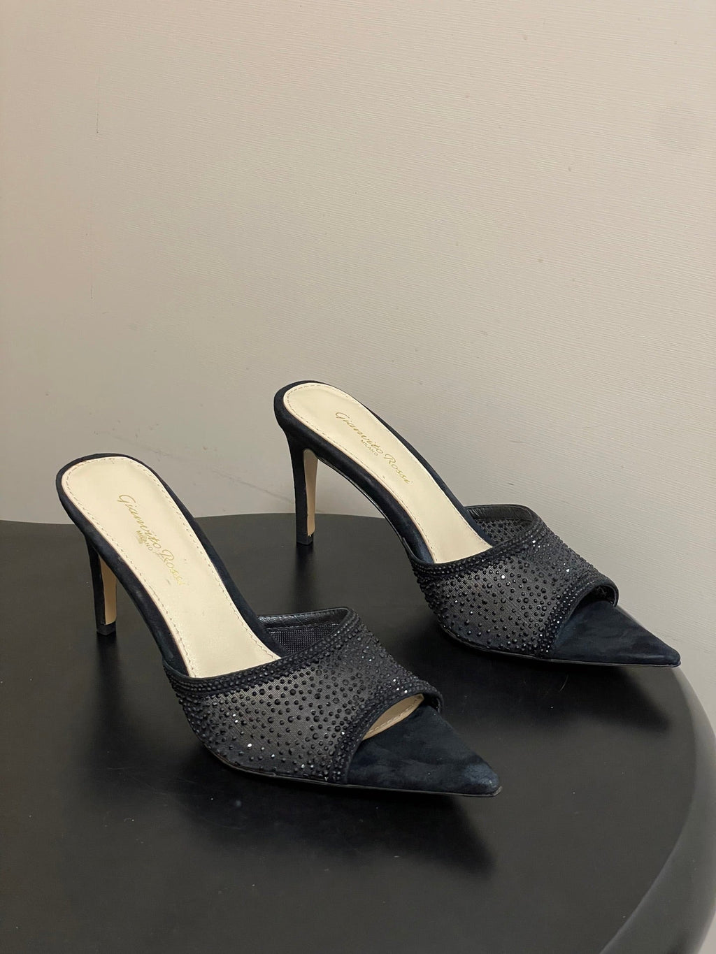 GIANVITO ROSSI 26S HIGH HEELS 85 MM IN BLACK SUEDE WITH RHINESTONE STRAP
