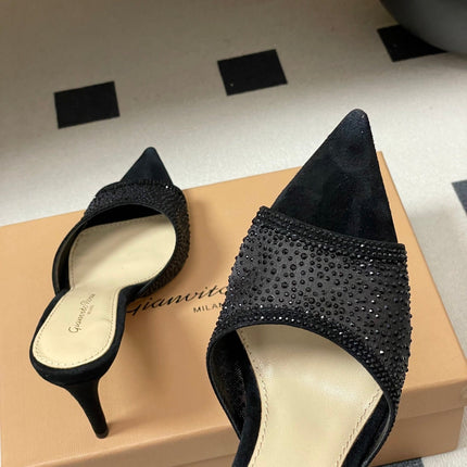 GIANVITO ROSSI 26S HIGH HEELS 85 MM IN BLACK SUEDE WITH RHINESTONE STRAP