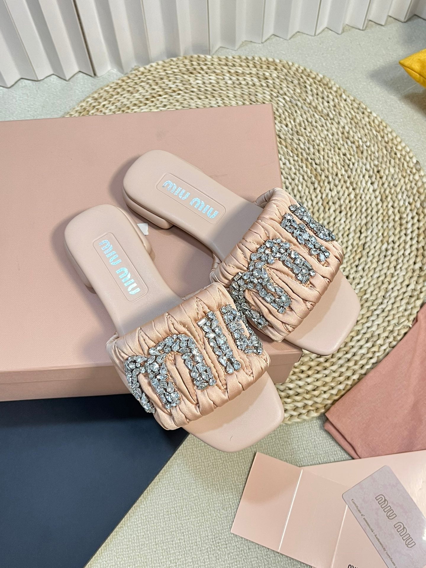 Women's Pastel Pink Leather Diamond Slippers