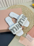 Women's White Leather Diamond Slippers