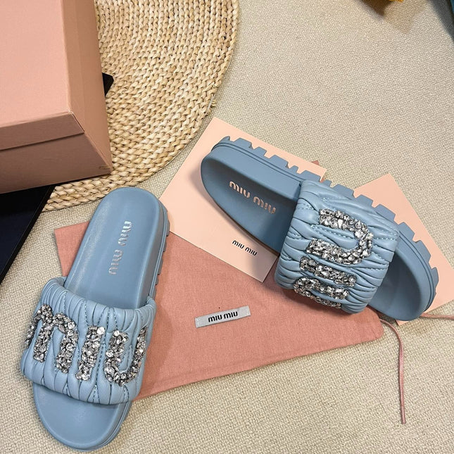 Sky Blue Sheepskin Diamond Slippers