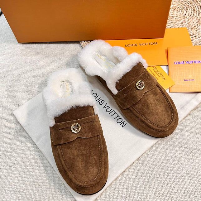 LV COSY FLAT COMFORT CLOG IN RUSSET BROWN SUEDE AND SHEARLING LINING