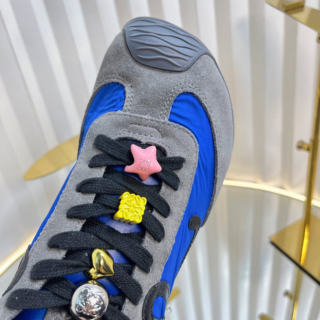 LOEWE 26S RUNNER 2.0 SNEAKERS IN GREY SUEDE AND DARK BLUE FABRIC