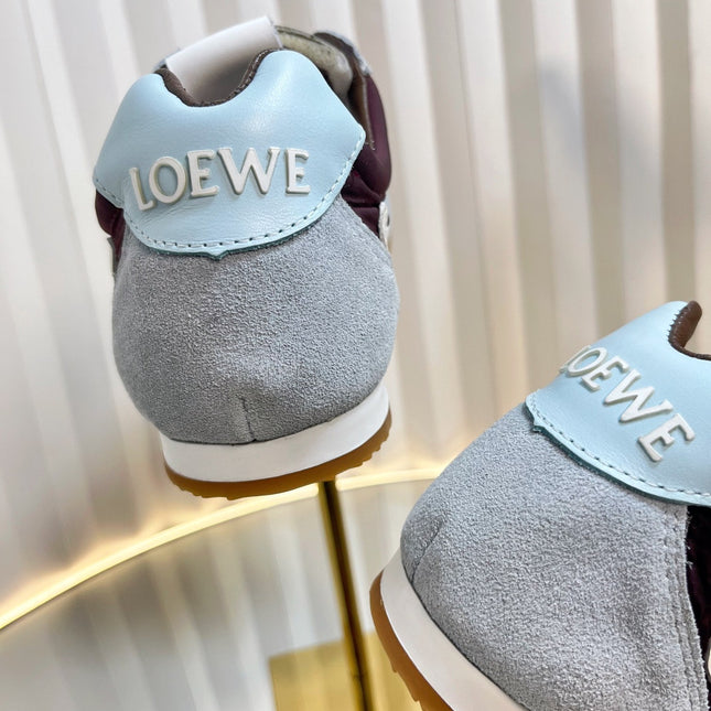 LOEWE 26S RUNNER 2.0 SNEAKERS IN LIGHT BLUE SUEDE AND BROWN FABRIC