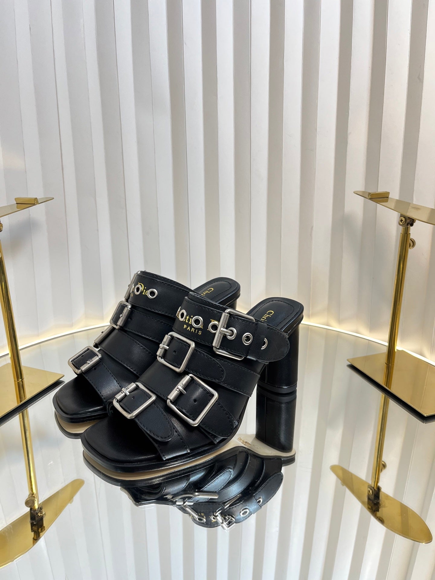 PUNK HEEL SLIDES 25S 80MM IN BLACK CALFSKIN