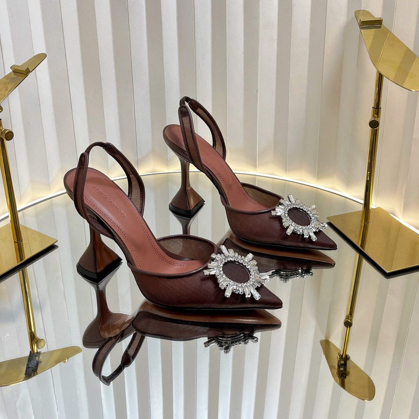 AMINA CRYSTAL HIGH HEELS 95MM IN BROWN MESH