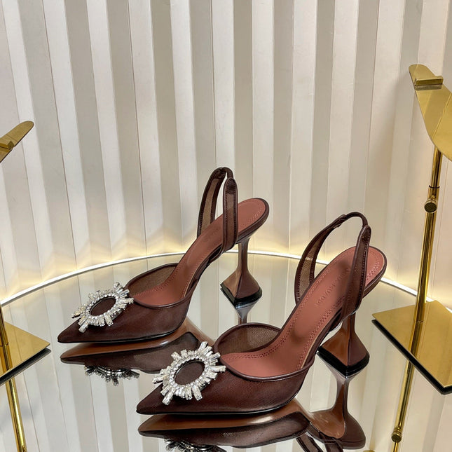 AMINA CRYSTAL HIGH HEELS 95MM IN BROWN MESH