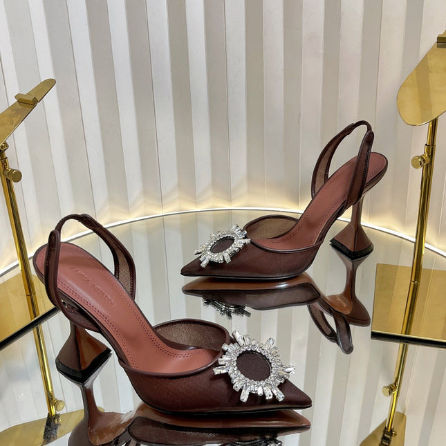 AMINA CRYSTAL HIGH HEELS 95MM IN BROWN MESH