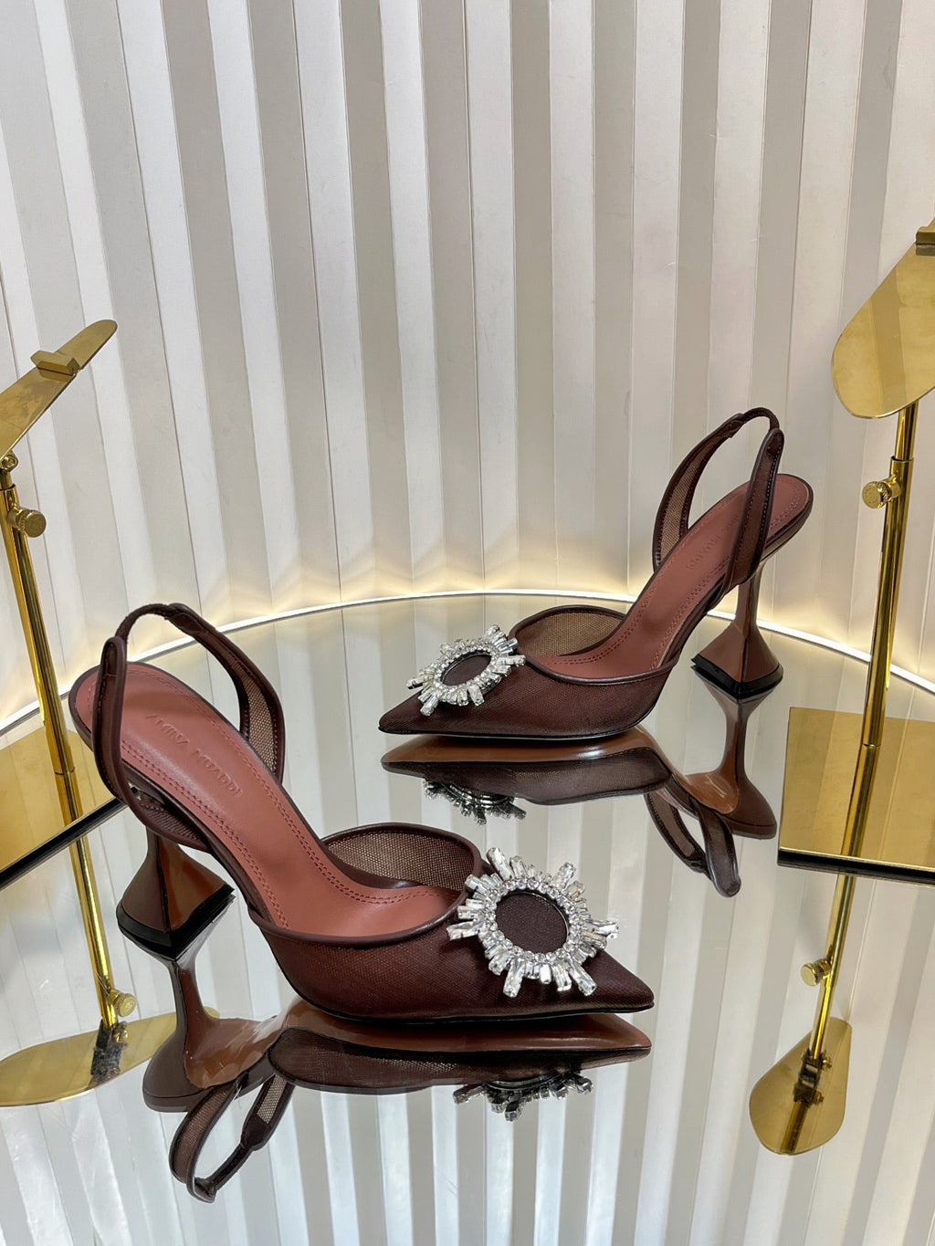 AMINA CRYSTAL HIGH HEELS 95MM IN BROWN MESH