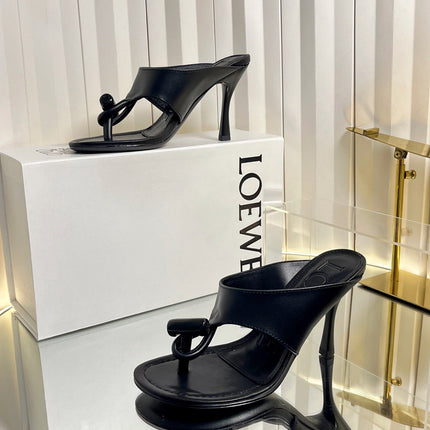 LOEWE 26S HEELED THONG SANDALS 90 MM IN BLACK CALFSKIN