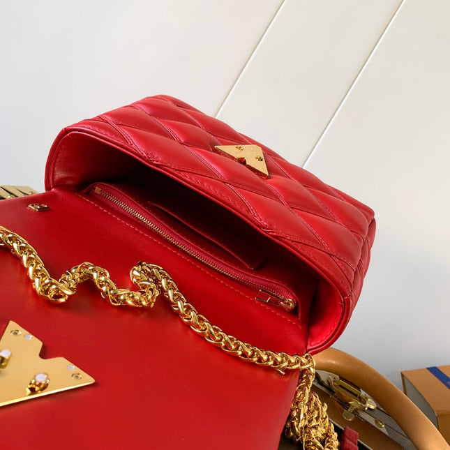 LV 25S GO-14 MM 23 IN CRIMSON RED QUILTED LAMBSKIN GOLD HARDWARE
