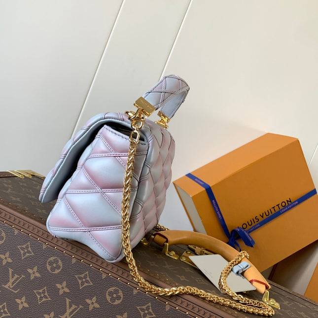 LV 25S GO-14 MM 23 IN LAVENDER GRAY QUILTED LAMBSKIN GOLD HARDWARE