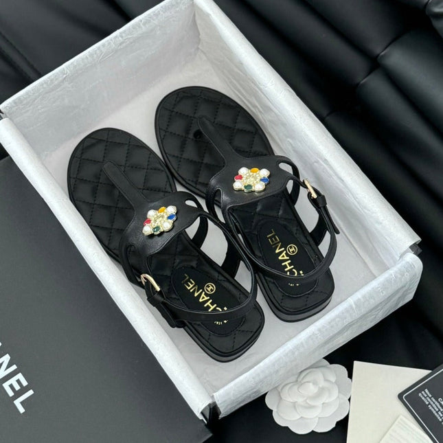Double C Classic One-Strap Sandals Black Lambskin