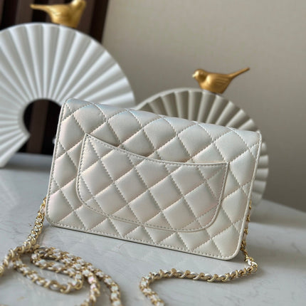 CHANEL 25S WALLET ON CHAIN 19 IN PEARL WHITE LAMBSKIN