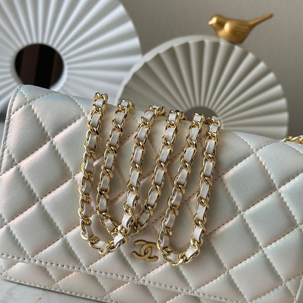 CHANEL 25S WALLET ON CHAIN 19 IN PEARL WHITE LAMBSKIN