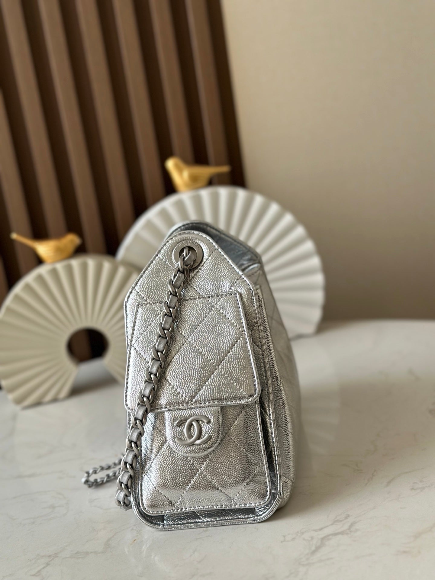 CHANEL 25S HOBO BAG 22 IN METALLIC SILVER CAVIAR CALFSKIN