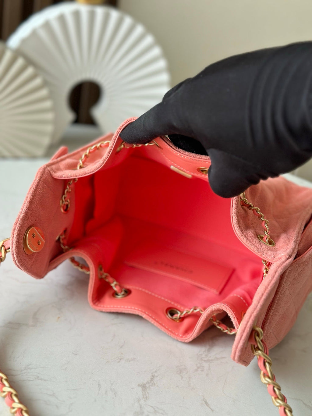 CHANEL 25S HOBO BAG 22 IN CORAL PINK SUEDE GOLD HARDWARE