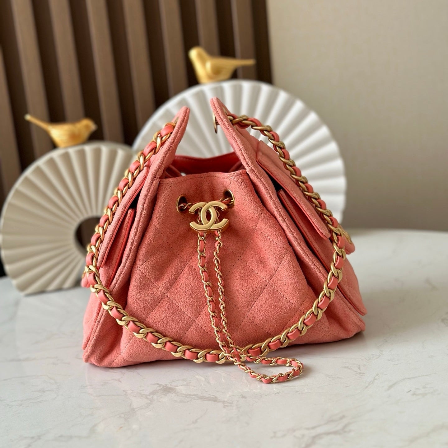 CHANEL 25S HOBO BAG 22 IN CORAL PINK SUEDE GOLD HARDWARE