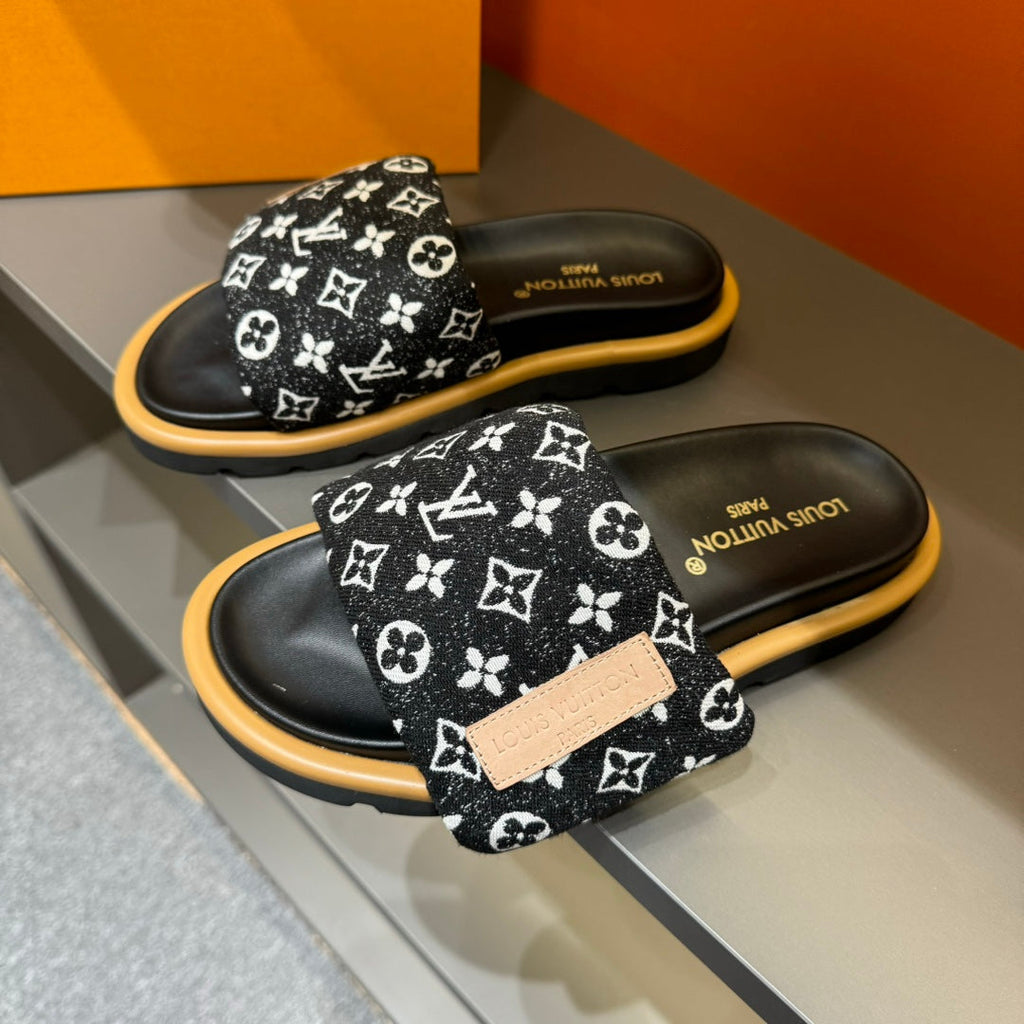 LV VELCRO SLIPPERS IN BLACK MIX WHITE MONOGRAM JACQUARD