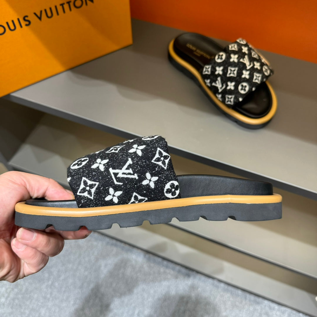 LV VELCRO SLIPPERS IN BLACK MIX WHITE MONOGRAM JACQUARD