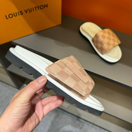 LV VELCRO SLIPPERS DESERT SAND DAMIER MONOGRAM CALFSKIN