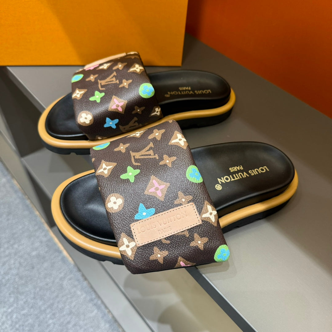 LV VELCRO SLIPPERS IN CHOCOLATE BROWN MONOGRAM CALFSKIN